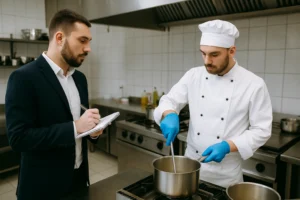 Audit hygiène en cuisine collective — inspecteur vérifiant les procédures de nettoyage