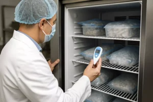 Professionnel SGI SC contrôlant la température d’un réfrigérateur pour assurer la chaîne du froid en restauration collective