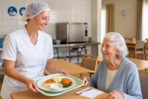 Personnel de cuisine en EHPAD appliquant les règles d’hygiène alimentaire lors du service des repas aux résidents.