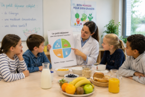 Animation pédagogique sur le petit-déjeuner équilibré avec des élèves dans une école, animée par une professionnelle de l'alimentation.