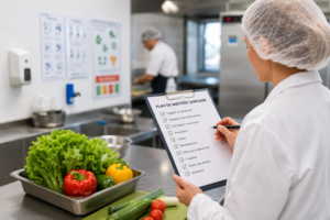 Professionnelle contrôlant le Plan de Maîtrise Sanitaire dans une cuisine de restauration collective.