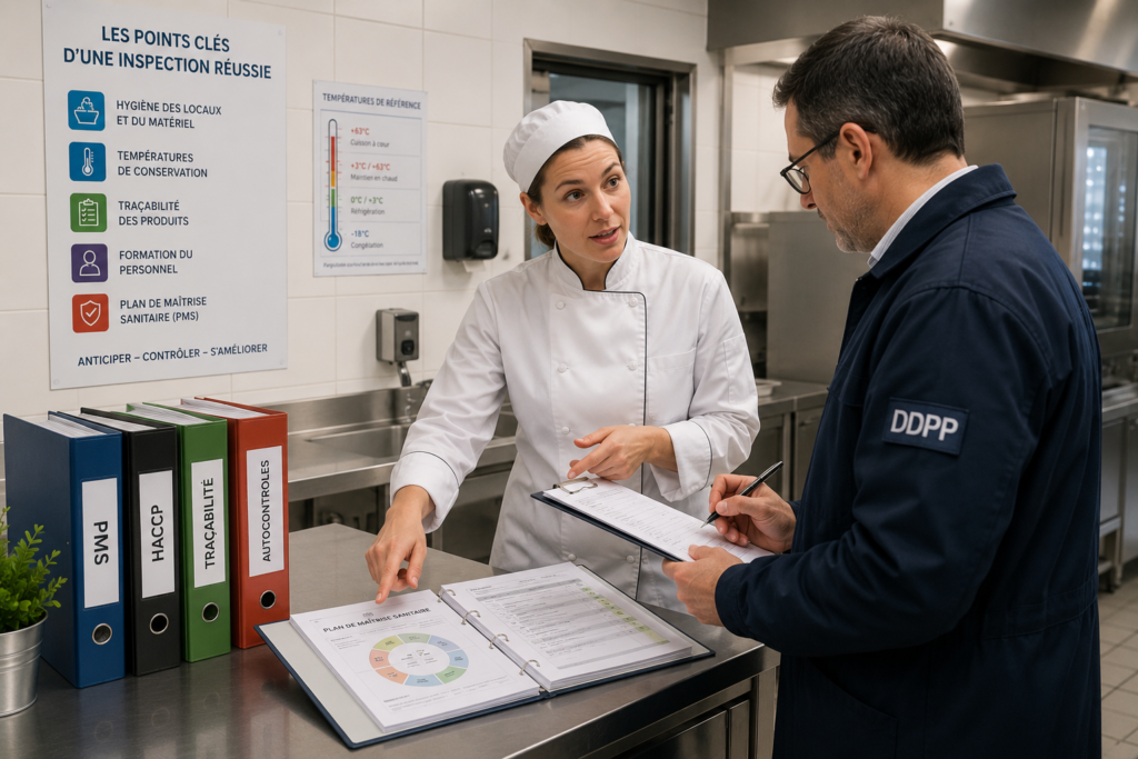 Inspection DDPP dans une cuisine de restauration collective avec vérification des documents sanitaires et des règles d’hygiène.