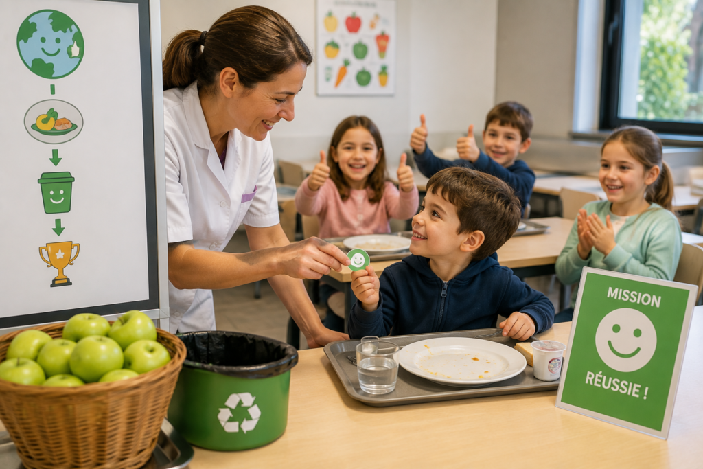 Élève récompensé à la cantine scolaire pour avoir adopté des gestes permettant de réduire le gaspillage alimentaire.
