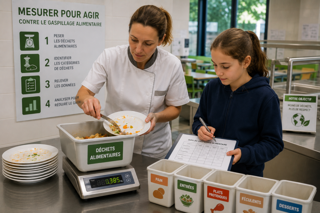 Pesée des déchets alimentaires dans un restaurant scolaire pour mesurer et réduire le gaspillage alimentaire.