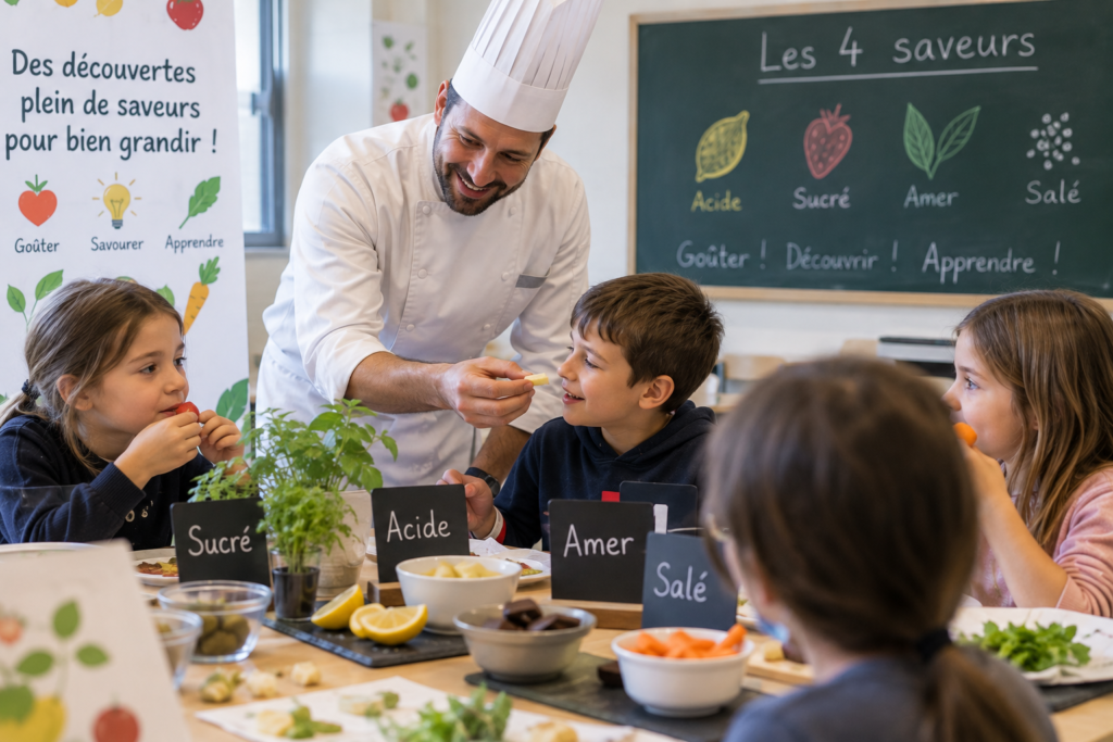 Atelier du goût à l’école où des enfants découvrent les différentes saveurs avec un cuisinier.