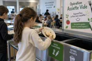 Élèves participant à une Opération Assiette Vide pour réduire le gaspillage alimentaire dans une cantine scolaire.