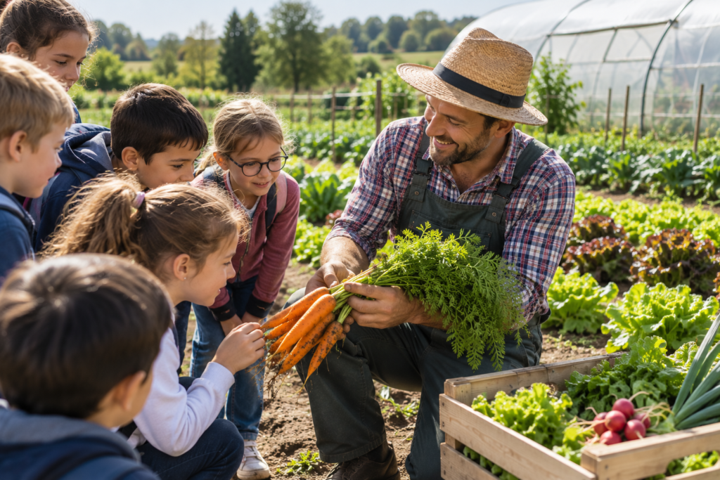 Des élèves découvrent les légumes et le métier d’un producteur local lors d’une sortie pédagogique.