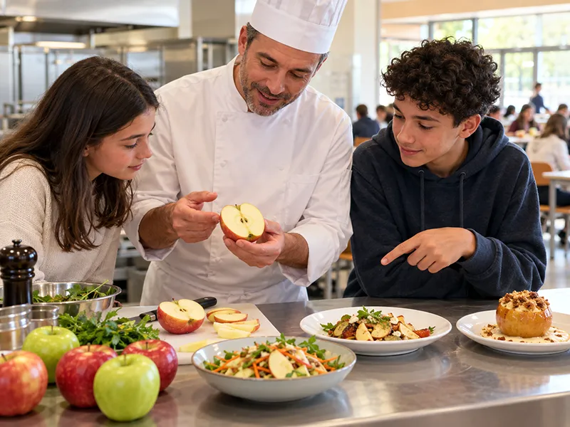 Un chef montre à deux élèves différentes façons de préparer la pomme, de la salade au dessert.