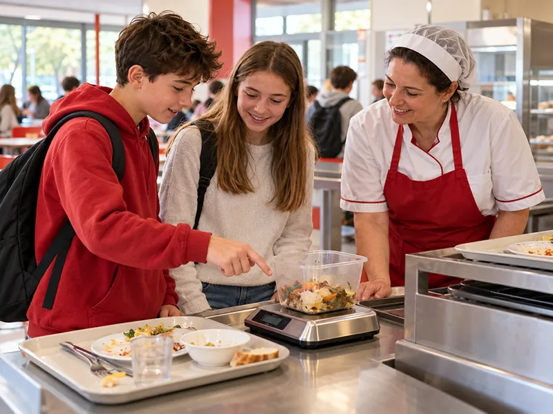 Deux élèves observent avec une agente de restauration des restes alimentaires placés sur une balance.