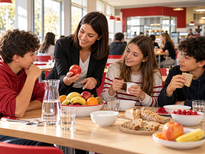Une intervenante échange avec des élèves autour de fruits, de pain et de yaourts lors d’un petit-déjeuner pédagogique.