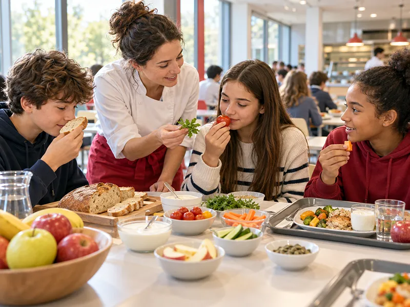 Une intervenante invite trois élèves à observer et sentir différents aliments au restaurant scolaire.