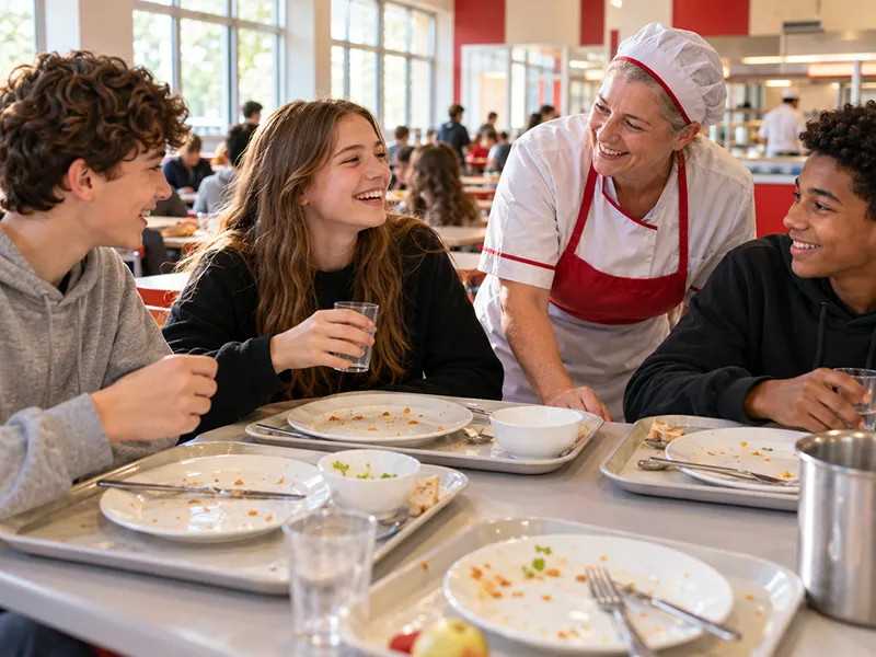 Des élèves et une agente de restauration échangent autour de plateaux dont les assiettes sont presque vides.