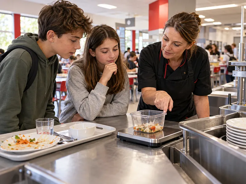 Deux élèves observent avec une agente de restauration les restes alimentaires placés sur une balance.
