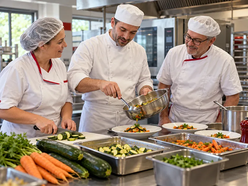 Un chef prépare un plat de légumes avec deux cuisiniers dans une cuisine de restauration scolaire.