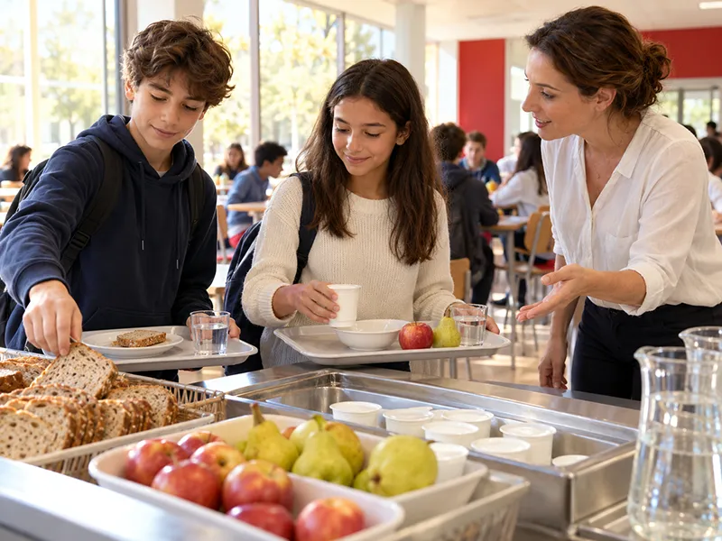 Deux élèves choisissent du pain, un yaourt et des fruits pour leur petit-déjeuner avec une intervenante.
