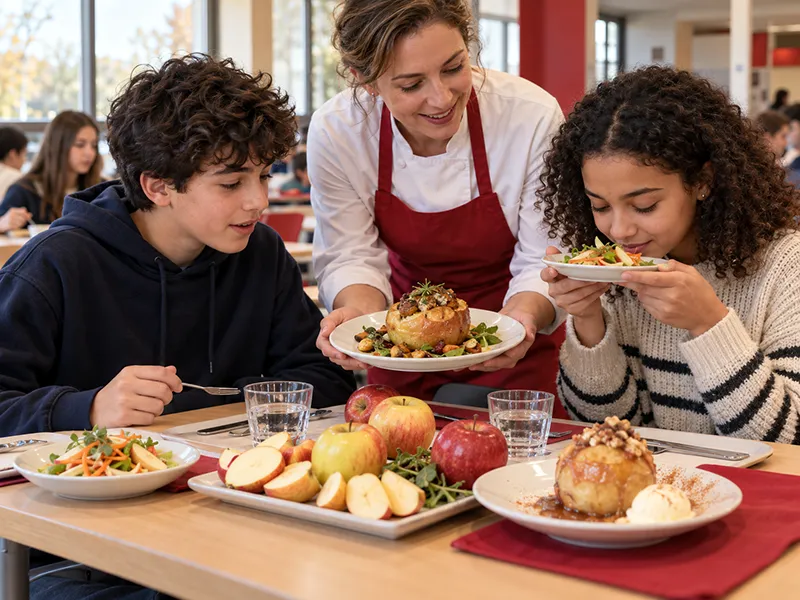 Deux élèves découvrent avec une intervenante une salade à la pomme, une préparation salée et une pomme au four.